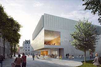 Die Visualisierung zeigt den Erweiterungsneubau der Hochschule für Musik und Tanz in Köln.