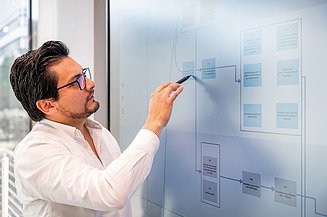 A person works at a large digital whiteboard and points to a process diagram with a pen - a typical scene from comprehensive planning.