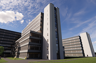 Visualisierung des mehrteiligen Neubaus des UHG Bielefeld mit moderner Fassadengestaltung und großzügigen Freiflächen