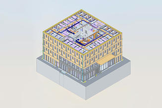 Die Visualisierung zeigt das digitale BIM-Modell des nachhaltigen Büros T3.