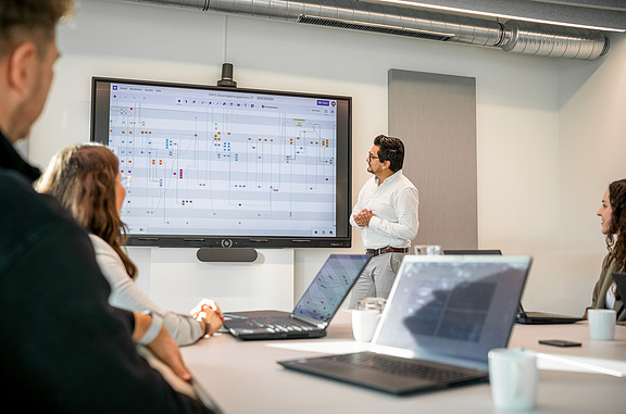 Person präsentiert einen digitalen Bauzeitenplan auf einem großen Bildschirm in einem Besprechungsraum. Mehrere Personen sitzen mit Laptops am Tisch und verfolgen die Darstellung des Terminplans.