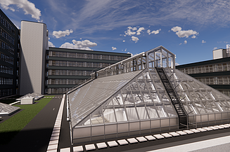Visualisierung des verglasten Atriumdachs im UHG Bielefeld
