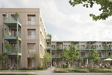 Visualization of a building in the colors beige and green