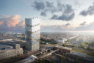 The visualization shows the EDGE East Side Tower at Warschauer Strasse station in Berlin.