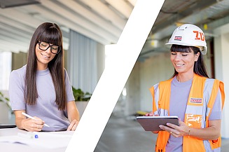 The picture is a montage of the varied day-to-day work at Zentrale Technik: On the left-hand side of the picture, our architect is working in the office, one of our many benefits.