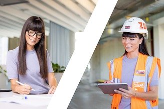 The picture is a montage of the varied day-to-day work at Zentrale Technik: On the left-hand side of the picture, our architect is working in the office, one of our many benefits.