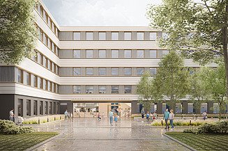 The visualisation shows the courtyard of the future district administration building for the Saale-Holzland district.