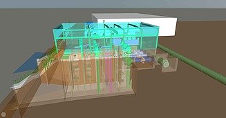 A three-dimensional construction plan of the water extraction plant being built by ZÜBLIN and STRABAG as part of the river heat pump project.
