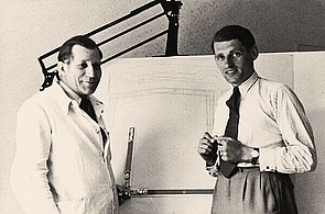 Prof. Dr.-Ing. Volker Hahn at a drawing board with a colleague in the 1950s.