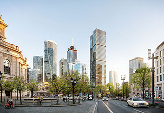 A visualisation of the completed Central Business Tower in Frankfurt, as seen from Opernplatz.