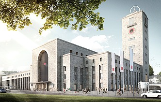 Ein digital erzeugtes Bild des sanierten Bonatzbaus am Arnulf-Klett-Platz.