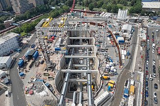 This image shows a cross-passage being excavated during the construction of the HS2 tunnel in London.