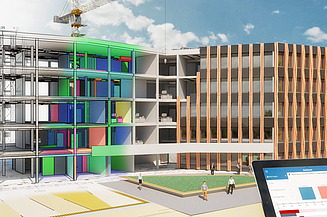 Das Bild zeigt ein Gebäude unterteilt in mehrere Planungsphasen – visualisiert mit BIM.