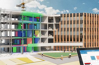 The image shows a building divided into several design phases - visualized with BIM.