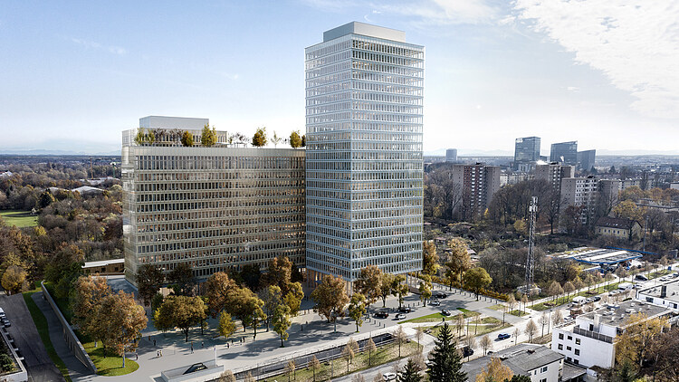 Eine Visualisierung des zukünftigen Bürokomplexes TRIDEA in München Bogenhausen.