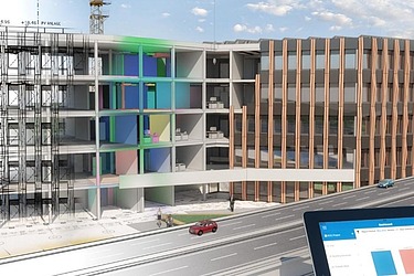 Das Bild zeigt ein Zusammenschnitt verschiedener BIM-Modelle anhand eines Gebäudes und damit die unterschiedlichen Dimensionen der digitalen Planung.