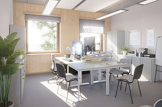 Die Visualisierung zeigt ein zukünftiges Büro im Dienstleistungszentrum.