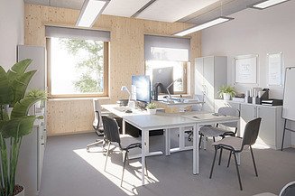 The visualisation shows a future office in the service centre.