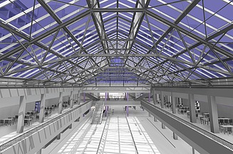 Modell des Atriums im UHG Bielefeld mit großzügiger Stahl-Glas-Dachkonstruktion und offenen Galerieebenen