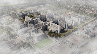 3D-Luftbildvisualisierung des UHG Bielefeld mit mehreren Gebäuden, Innenhöfen und weitläufigem Campusgelände