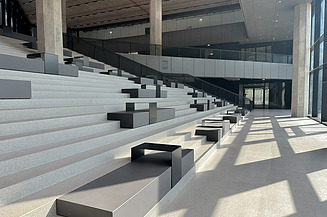 Der Gebäudekomplex FRANCIS in Wien hat einen weiträumigen Aufenthaltsbereich auf einer Treppe mit vielen Sitzmöglichkeiten.