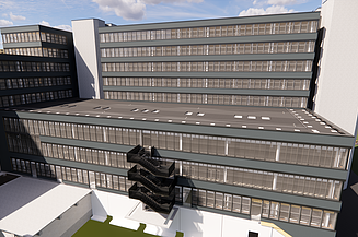 Visualisierung des UHG Bielefeld mit modernem Gebäudeflügel, außenliegender Fluchttreppe und strukturierter Fassadengestaltung
